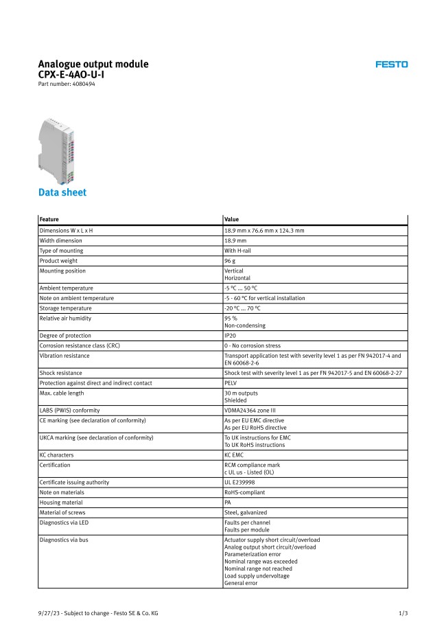 Analogue Output Module, CPX Series | FESTO | MISUMI Thailand