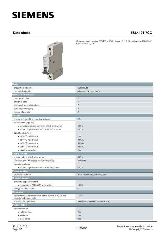 5SL6203-7CC | SENTRON 5SL Miniature Circuit Breakers | SIEMENS | MISUMI ...